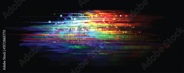 Fototapeta Vector glitch multicolor pixel horizontal distortion. Abstract digital noise effect with vivid color transitions and RGB scatter.