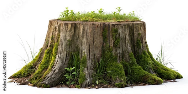 Obraz Tree stump covered in moss and grass isolated on white background