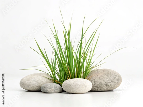 Obraz Green grass with smooth stones isolated on white background