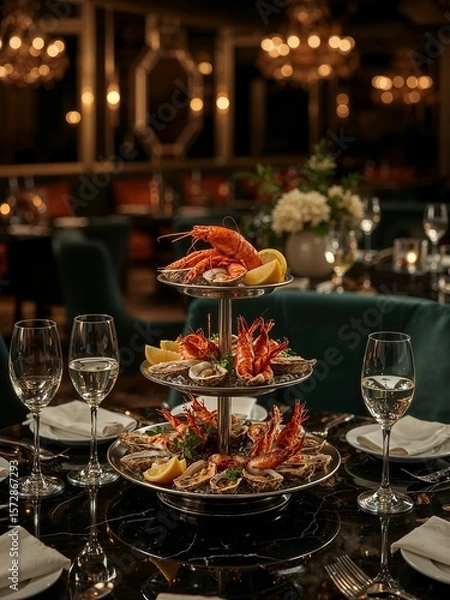 Fototapeta A three tiered seafood tower with lobster oysters and lemon wedges on a luxurious restaurant table