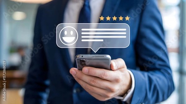 Obraz Professional receiving positive online feedback on a mobile device showcasing five star customer satisfaction, enhancing user experience for improved reputation and growth.