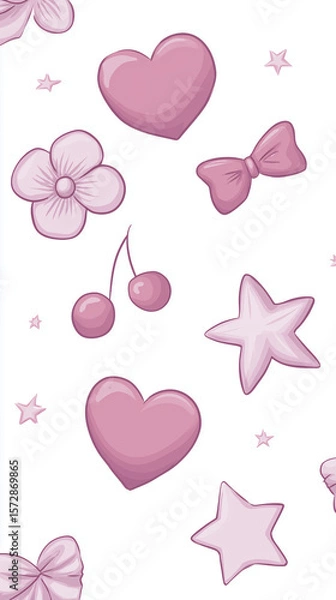 Fototapeta Pink themed flat illustration featuring hearts, bows, flowers, cherries, and stars on a white background, perfect for design projects and creative applications with copy space