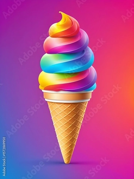 Fototapeta an icon of ice cream, A colorful ice cream cone with swirls of rainbow-colored ice cream