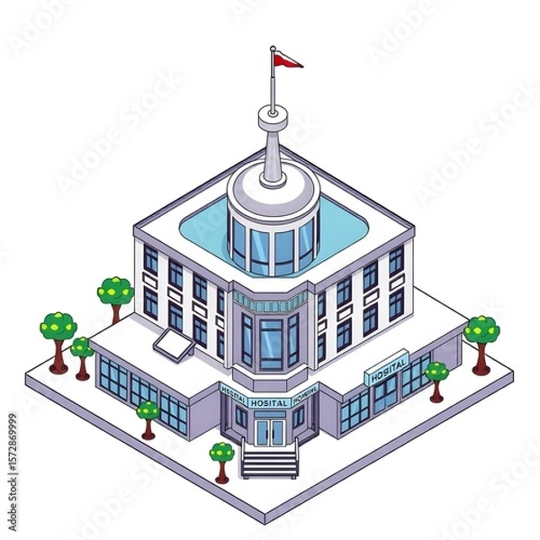 Fototapeta An isometric illustration of a multi-story hospital building with a central dome and surrounding trees.