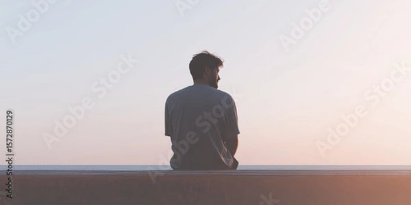 Fototapeta Young man sitting on a concrete ledge, gazing at a serene sunset over the horizon, reflecting on life and enjoying a moment of solitude and tranquility