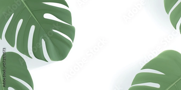 Fototapeta Lush green monstera leaves arranged artistically on a clean white background, creating a fresh and vibrant atmosphere, ideal for nature-themed designs and decorations