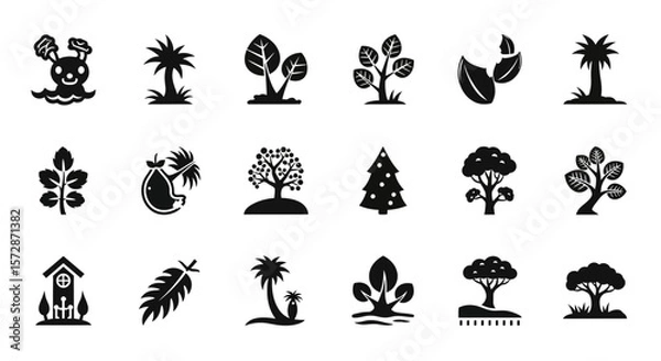 Fototapeta Set of Vector Icons Collection of Black and White Tree Icons Silhouettes and Plant Illustrations. Vector Illustrations. EPS Editable