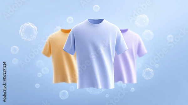 Fototapeta Three colorful t-shirts displayed against a soft blue background, showcasing vibrant hues and textures, ideal for fashion design mockups and textile presentations