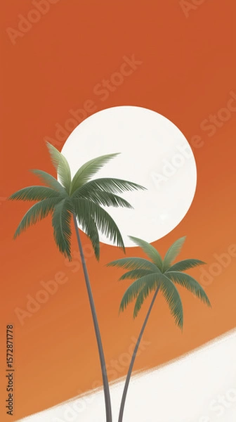 Fototapeta Tropical scene featuring two palm trees silhouetted against a vibrant orange sunset with a large white sun, creating a serene and peaceful atmosphere for relaxation and escape
