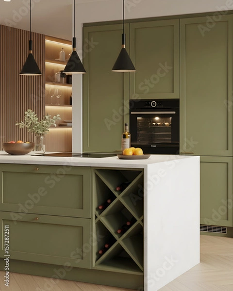 Obraz Side view of modern olive green kitchen island with wine rack, white countertop, and warm lighting in a cozy home interior