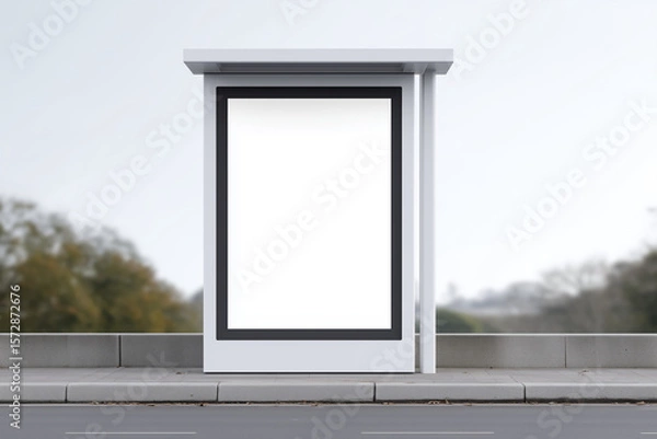 Fototapeta Empty bus stop mock up with blank advertising space, situated along a quiet street, surrounded by trees and soft natural light, ideal for promotional designs and creative projects