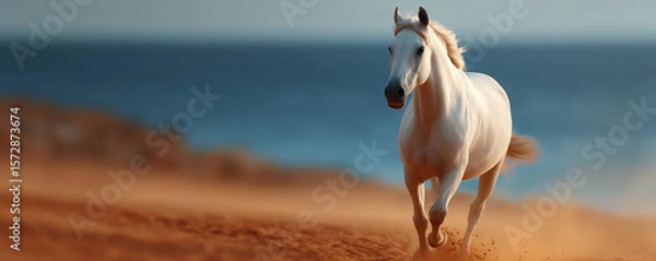 Fototapeta Majestic white horse galloping across sandy terrain near the ocean, showcasing strength and grace in motion, with a blurred background of water and sky