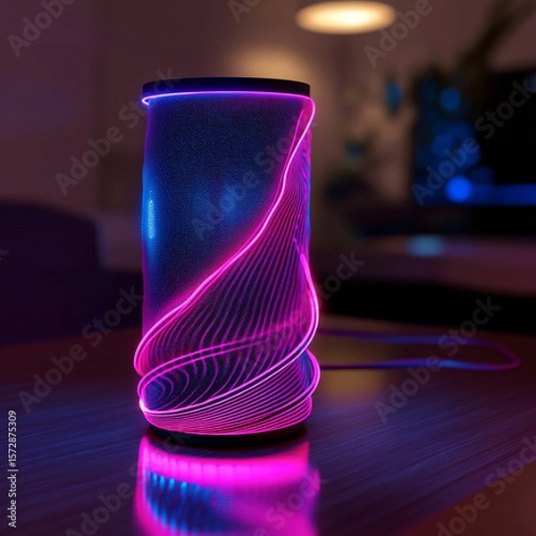 Fototapeta Stylish Smart Speaker with Curved Neon Light Design in Modern Dimly Lit Room

