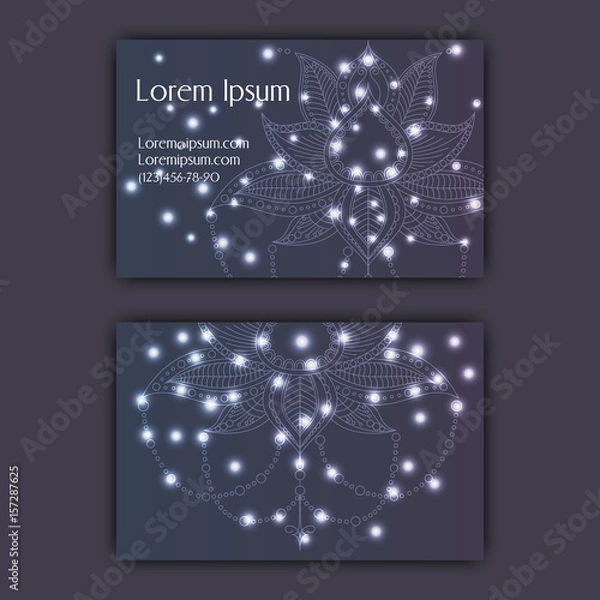 Fototapeta Vector vintage visiting card set. Glowing shiny floral mandala pattern and ornaments. Luxury design.
