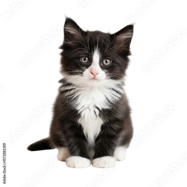 Fototapeta Cute black and white kitten sitting calmly with attentive gaze, soft fur details isolated on transparent background Generative Ai.
