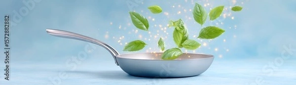 Fototapeta Basil leaves in motion tossed into frying pan kitchen food photography bright dynamic scene