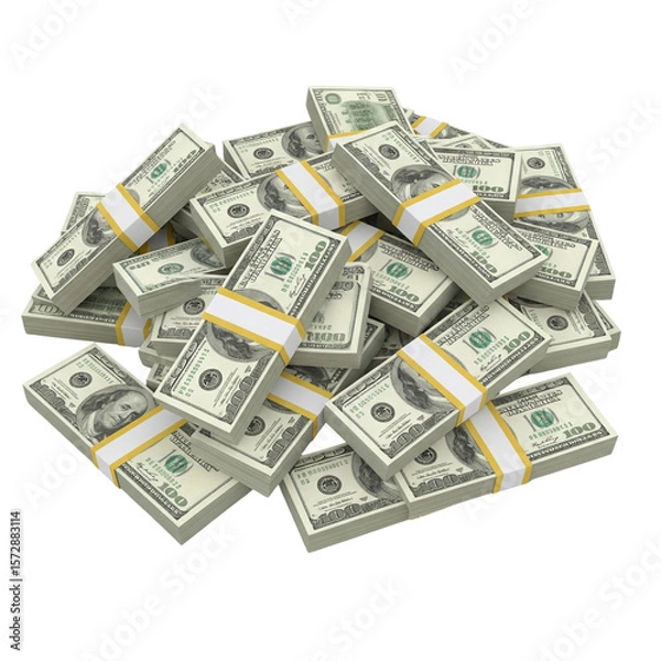 Fototapeta Pile of US Hundred Dollar Bills Bundles – 3D Rendering, Transparent Background Generative Ai.