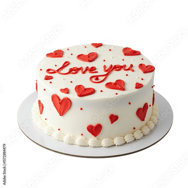 Fototapeta Sweet Romance: Round White Cake with Red Heart Designs and "Love You" Message (transparent background) Generative Ai.