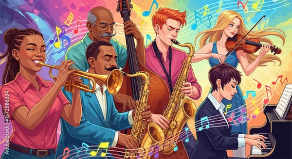 Fototapeta Diverse Group Playing Colorful Jazz Instruments in Vibrant Music Setting
