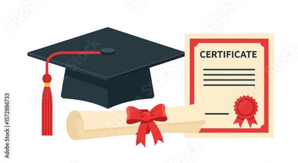Fototapeta Black Graduation Cap with Red Tassel Rolled Diploma and Certificate on White Background
