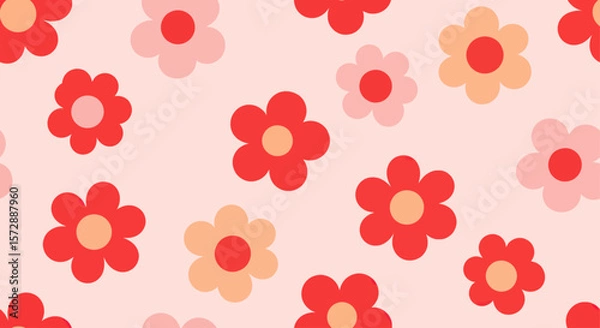 Fototapeta Colorful Red Pink and Peach Flower Pattern on Light Pink Background Seamless Design

