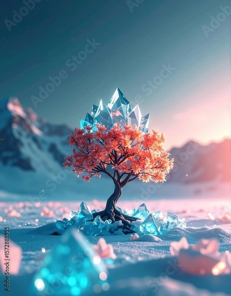 Fototapeta A majestic tree adorned with shimmering crystals of various sizes, reflecting sunlight and casting colorful glimmers on the surrounding ground.