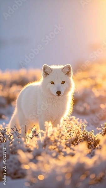 Fototapeta A fluffy white cat stands gracefully in a blanket of fresh, glistening snow, its bright eyes alert and curious, surrounded by a serene winter landscape.