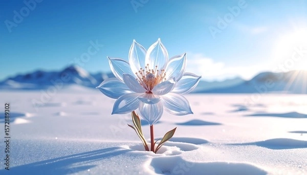 Fototapeta A delicate white flower emerges from a blanket of snow, set against majestic mountains under a clear blue sky, creating a serene winter landscape.