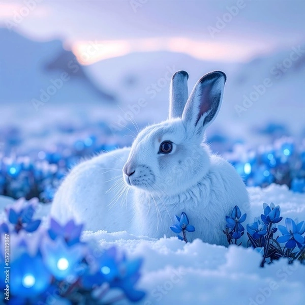 Fototapeta A fluffy white rabbit sits gracefully in a blanket of soft, glistening snow, its ears perked up and nose twitching, surrounded by a serene winter landscape.