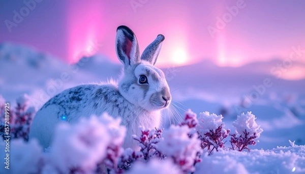 Fototapeta A fluffy white rabbit sits gracefully in a blanket of fresh, glistening snow, its ears perked up and nose twitching, surrounded by a serene winter landscape.