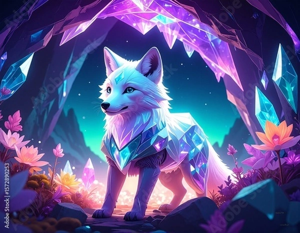 Fototapeta A majestic wolf stands confidently in front of a weathered stone arch, its fur glistening in the soft sunlight, surrounded by lush greenery.