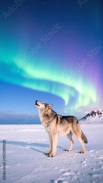 Fototapeta A majestic wolf stands gracefully in a blanket of snow, illuminated by vibrant aurora lights dancing across the night sky, creating a magical atmosphere.