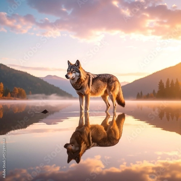 Fototapeta A majestic wolf stands alert at the edge of a serene lake, its fur glistening in the sunlight, surrounded by lush greenery and distant mountains.