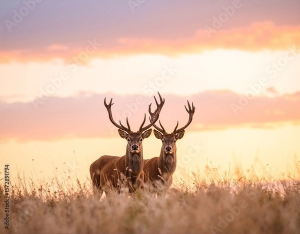 Fototapeta Two graceful deer stand amidst lush, tall grass, their silhouettes softly illuminated by the warm hues of a stunning sunset, creating a serene atmosphere.