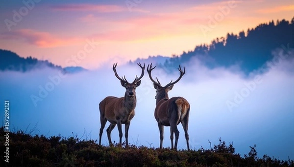 Fototapeta Two graceful deer stand atop a lush green hill, their silhouettes softly outlined against a misty background, creating a serene and tranquil atmosphere.