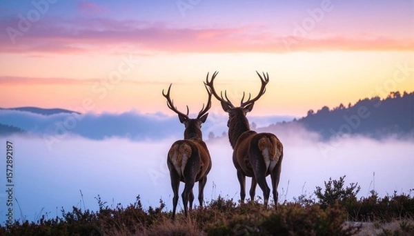 Fototapeta Two graceful deer stand atop a lush green hill, their silhouettes softly outlined against a misty, ethereal fog that blankets the serene landscape.