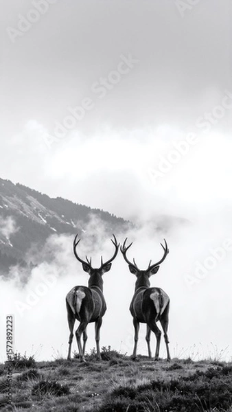 Fototapeta Two graceful deer stand on a lush green hill, their ears perked up, with majestic snow-capped mountains rising dramatically in the background.