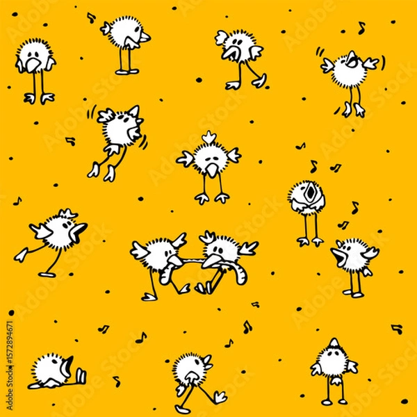 Fototapeta pattern of crazy chicks with humor and emotions on a yellow background