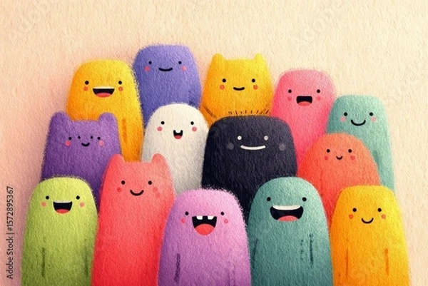 Fototapeta illustrated happy face characters with big smiles, Smile Day concept, flat vector illustration, cheerful pastel palette, isolated on white background