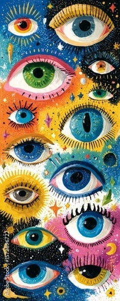 Fototapeta illustrated eyes with sparkles and vision symbols, Sight Day concept, flat vector illustration, bright fresh colors, isolated on white background