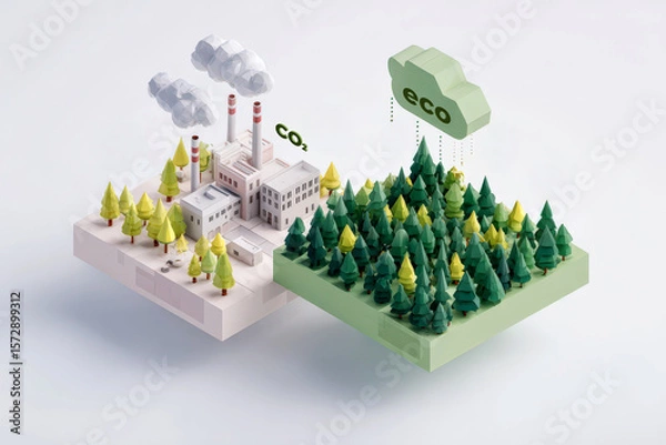 Fototapeta Isometric 3D Illustration of Carbon Offset — Balancing Factory and Forest