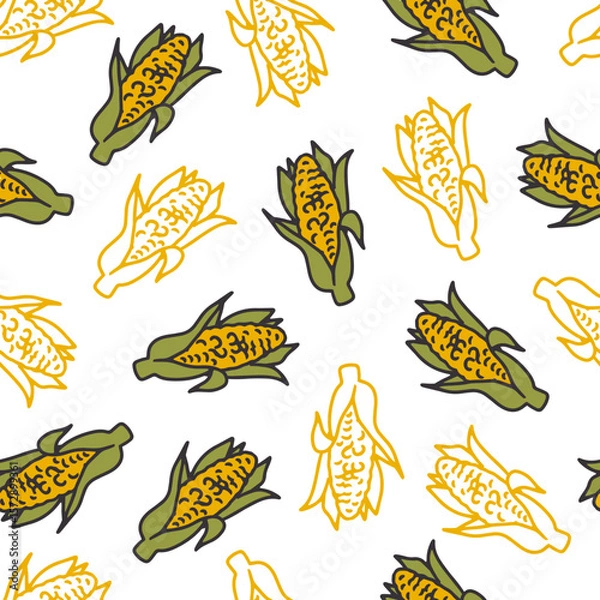 Fototapeta Farm Fresh Corn Cobs Harvest Cartoon Pattern. Seamless pattern of cartoon corn cobs, ideal for harvest, farming, vegetable-themed projects, packaging, and fabric design.