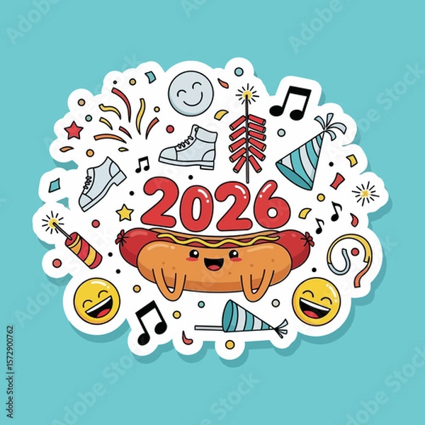 Fototapeta Cartoon illustration of 2026 with a hot dog character surrounded by party elements like confetti, sparklers, party hats, and musical notes.