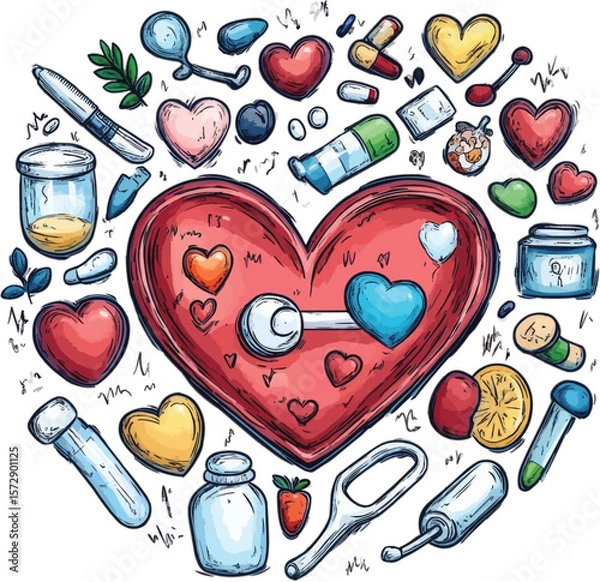 Fototapeta A charming vector illustration set featuring seamless patterns of medical and heart-shaped icons, perfect for romantic, food, or Valentine's Day designs