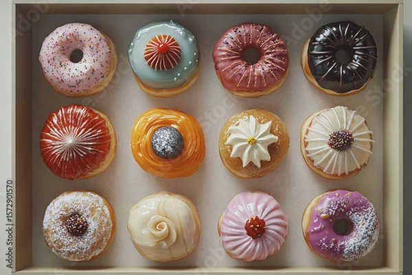 Fototapeta Assorted donuts in a bakery box, close-up vibrant food photography with colorful toppings and studio lighting