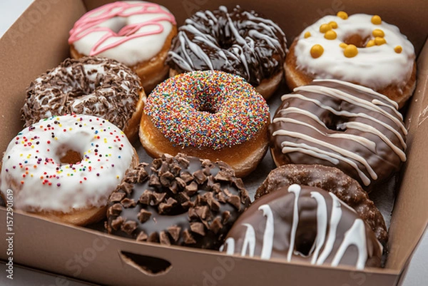 Fototapeta Assorted donuts in a bakery box, close-up vibrant food photography with colorful toppings and studio lighting