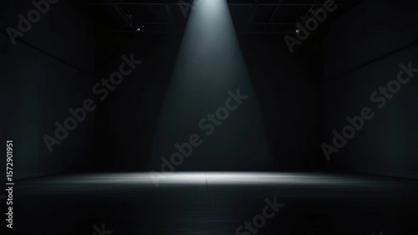 Fototapeta A single spotlight illuminates an empty, dark room, creating a dramatic, minimalist scene.
