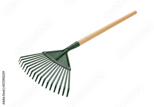 Fototapeta Green leaf rake with wooden handle isolated on transparent background