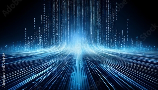 Fototapeta abstract digital background with blue binary code and light streaks on black representing data flow in technology or cyber security concept isolated on white background