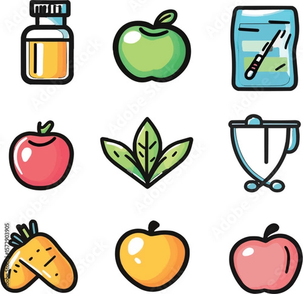 Fototapeta A clear and simple name for the image could be:
Healthy food and fruit icon set with apples bananas and other fresh cartoon illustrations
